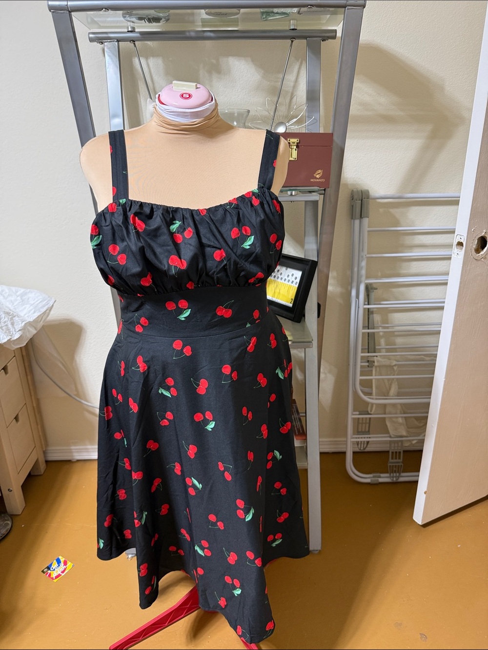 Black Cherry Print Midi Dress